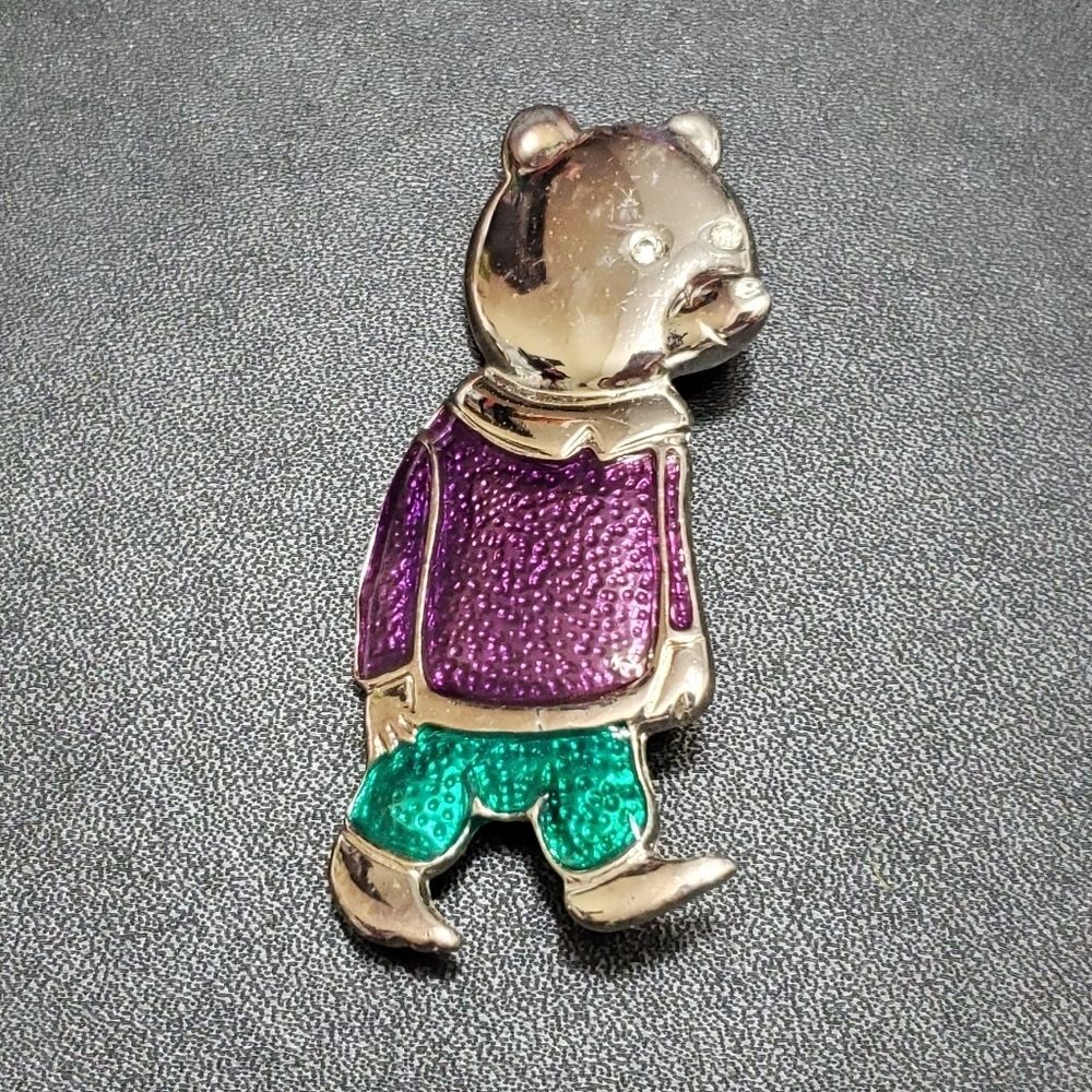 *Sale* Silver tone bear in a purple sweater brooch